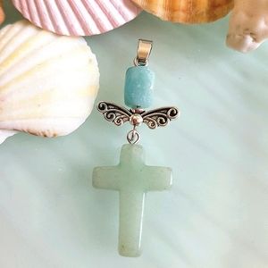 Natural Aventurine Cross Pendant Necklace NWT
